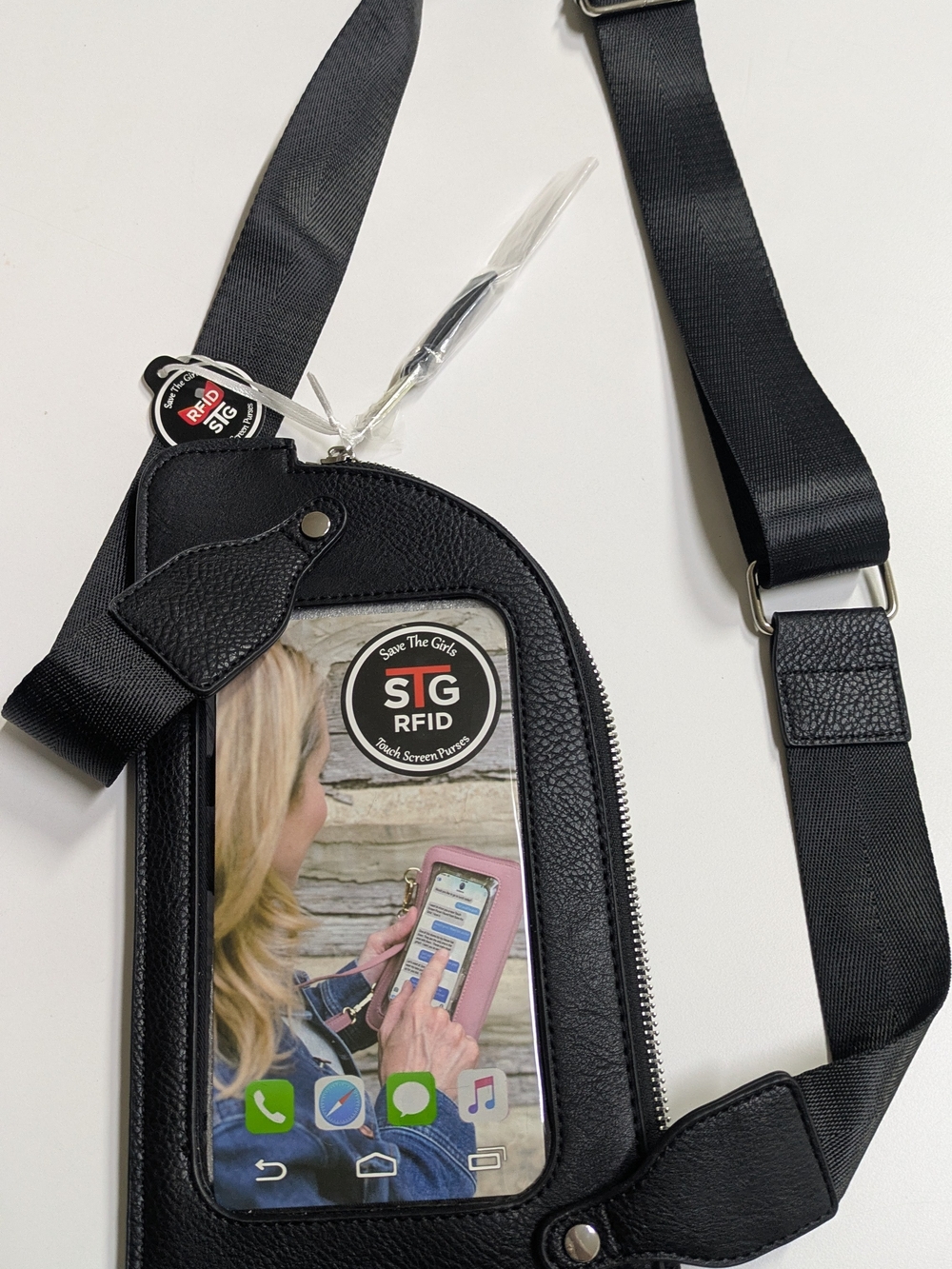 Save The Girls RFID Blocking Touchscreen Crossbody Phone Case, Strap, Black